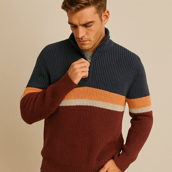 Goodfellow Colorblock Half Zip Sweater Men’s Large Maroon Navy Striped Pullover - Picture 1 of 8